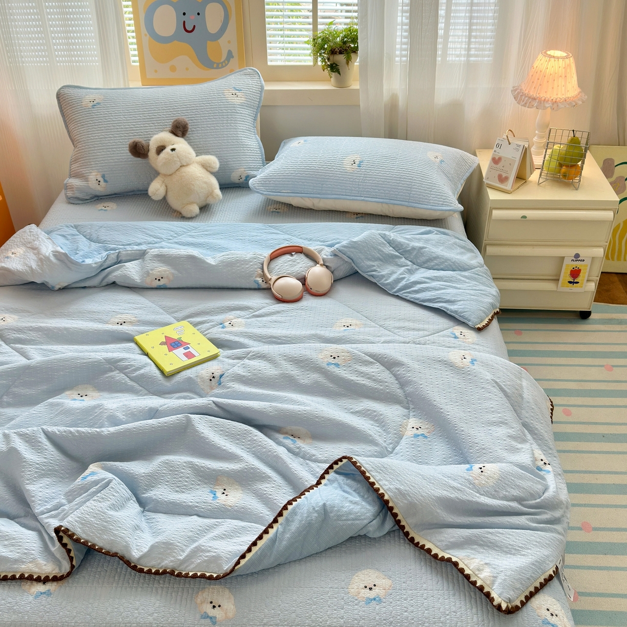 91家纺网 家纺一手货源 找家纺 老帅的工厂店 2026新款三角针泡芙夏被床盖四件套 蓝蓝狗