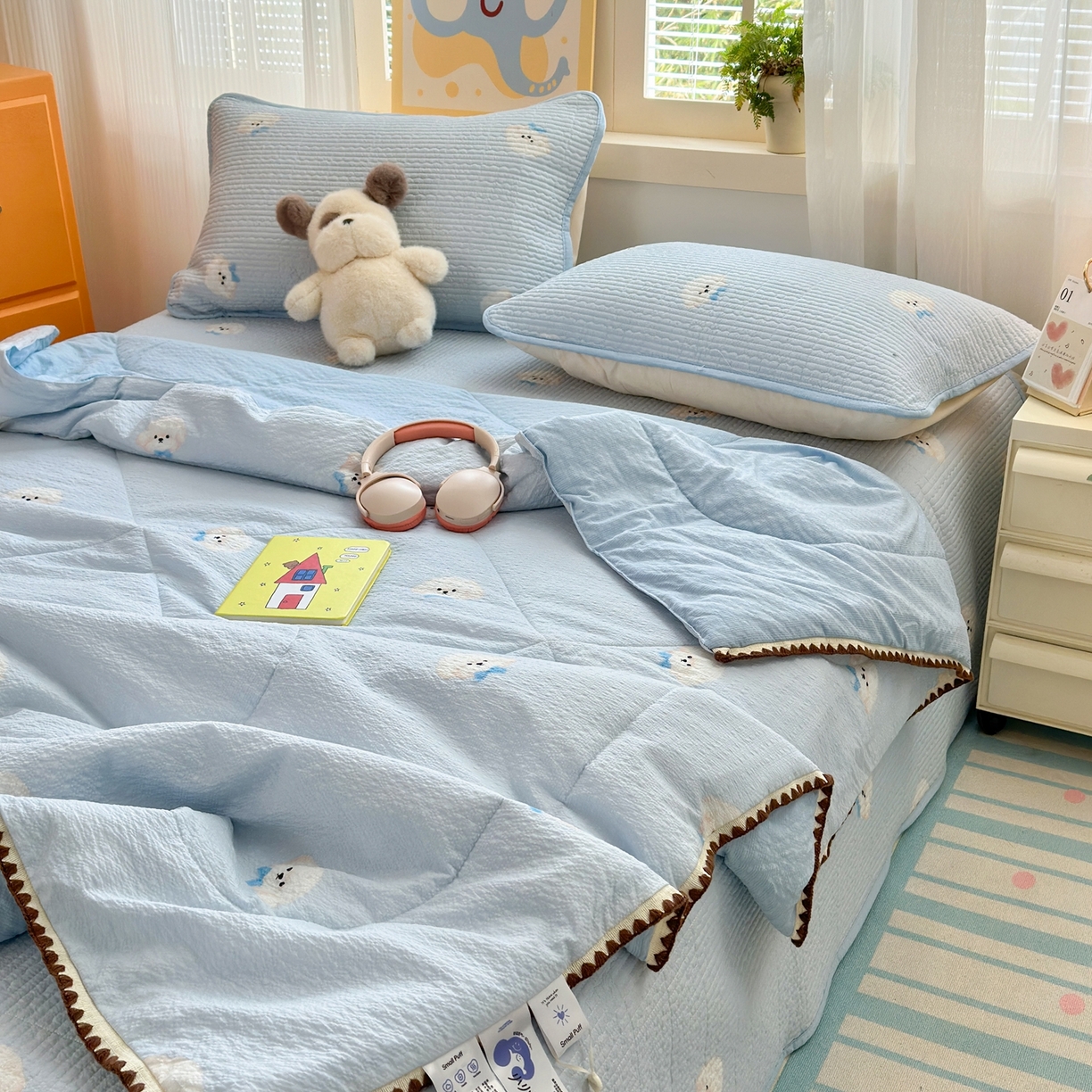 91家纺网 家纺一手货源 找家纺 老帅的工厂店 2026新款三角针泡芙夏被床盖四件套 蓝蓝狗