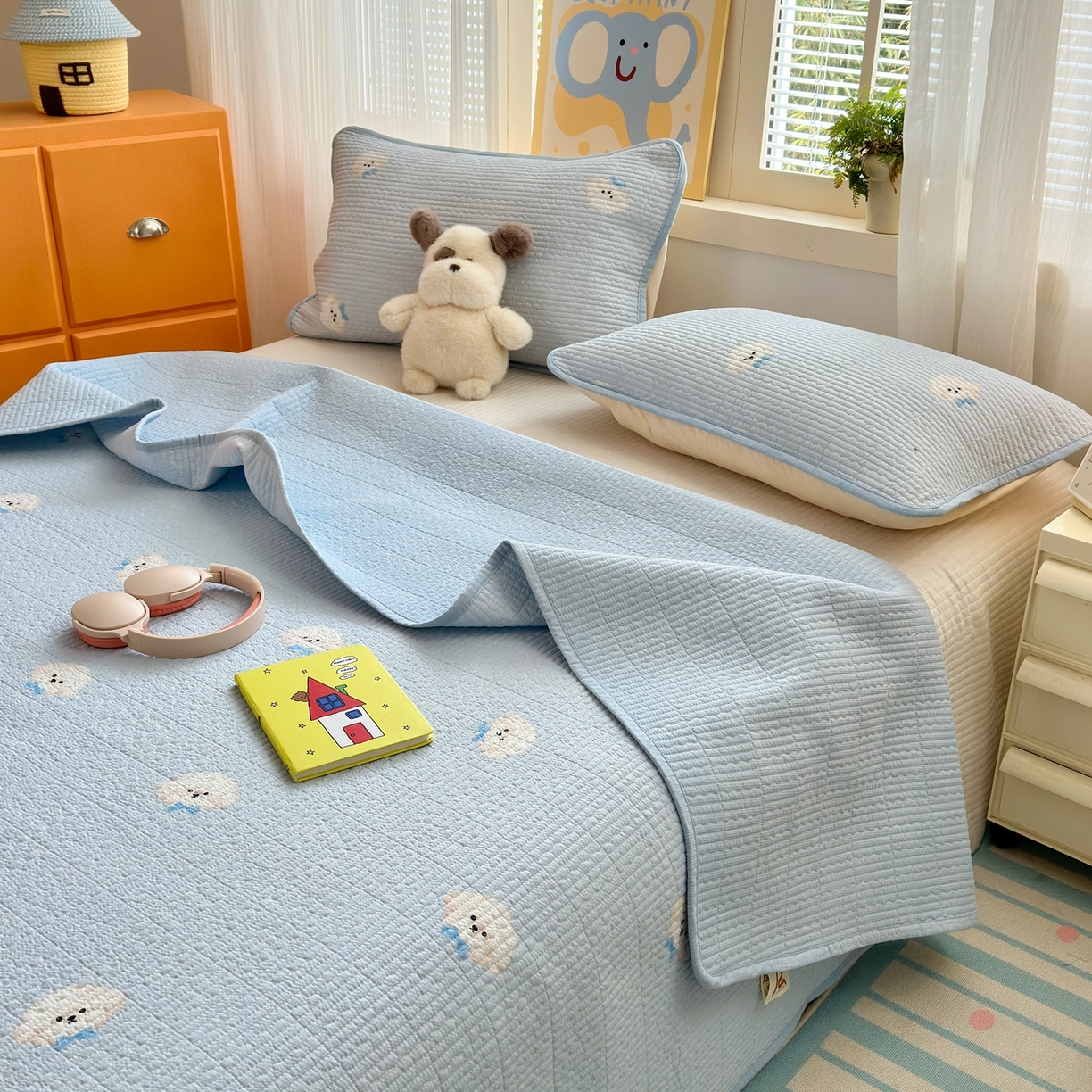 91家纺网 家纺一手货源 找家纺 老帅的工厂店 2026新款三角针泡芙夏被床盖四件套 蓝蓝狗