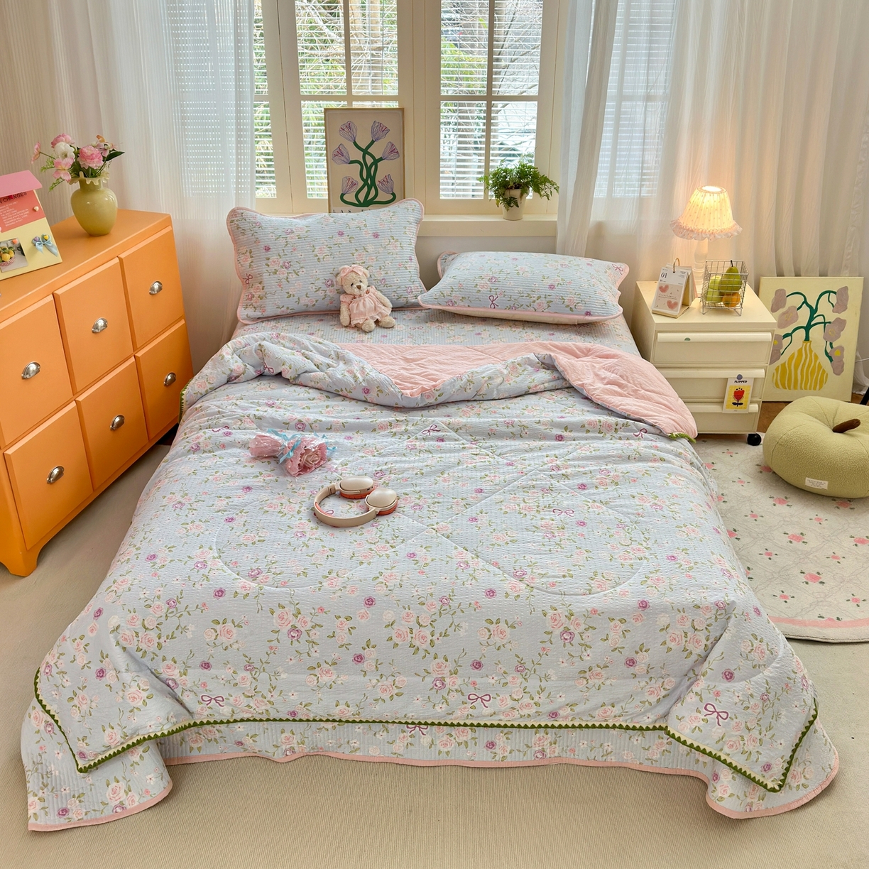 91家纺网 家纺一手货源 找家纺 老帅的工厂店 2026新款三角针泡芙夏被床盖四件套 玫瑰园