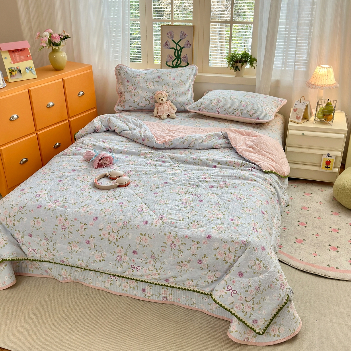 91家纺网 家纺一手货源 找家纺 老帅的工厂店 2026新款三角针泡芙夏被床盖四件套 玫瑰园