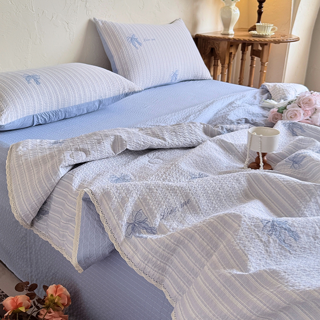 91家纺网 家纺一手货源 找家纺 亿品家纺 2026新款泡芙棉花边款夏被夏凉被空调被 赫本蓝