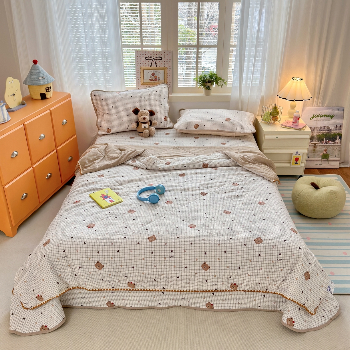 91家纺网 家纺一手货源 找家纺 老帅的工厂店 2026新款三角针泡芙夏被床盖四件套 奶咖小熊