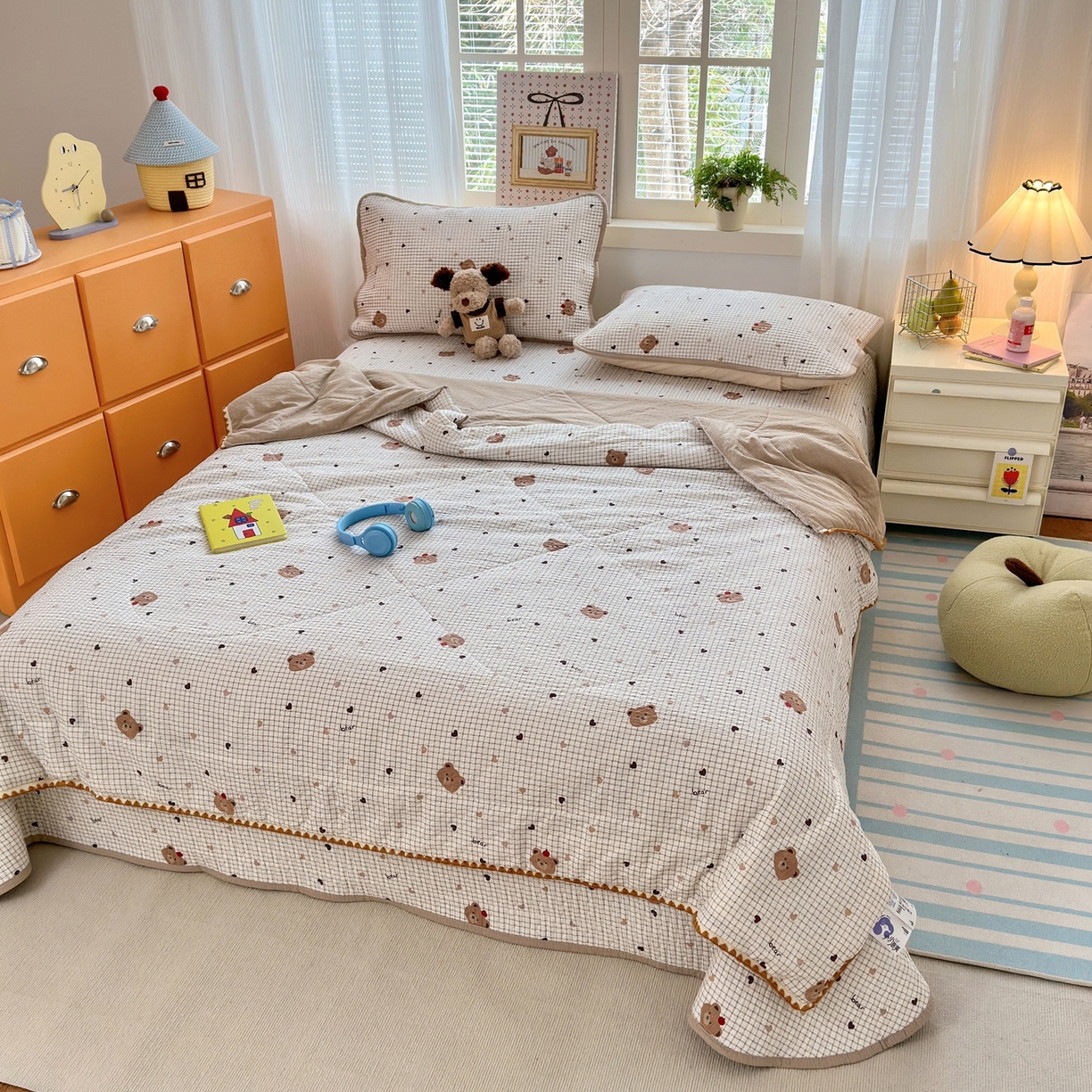 91家纺网 家纺一手货源 找家纺 老帅的工厂店 2026新款三角针泡芙夏被床盖四件套 奶咖小熊