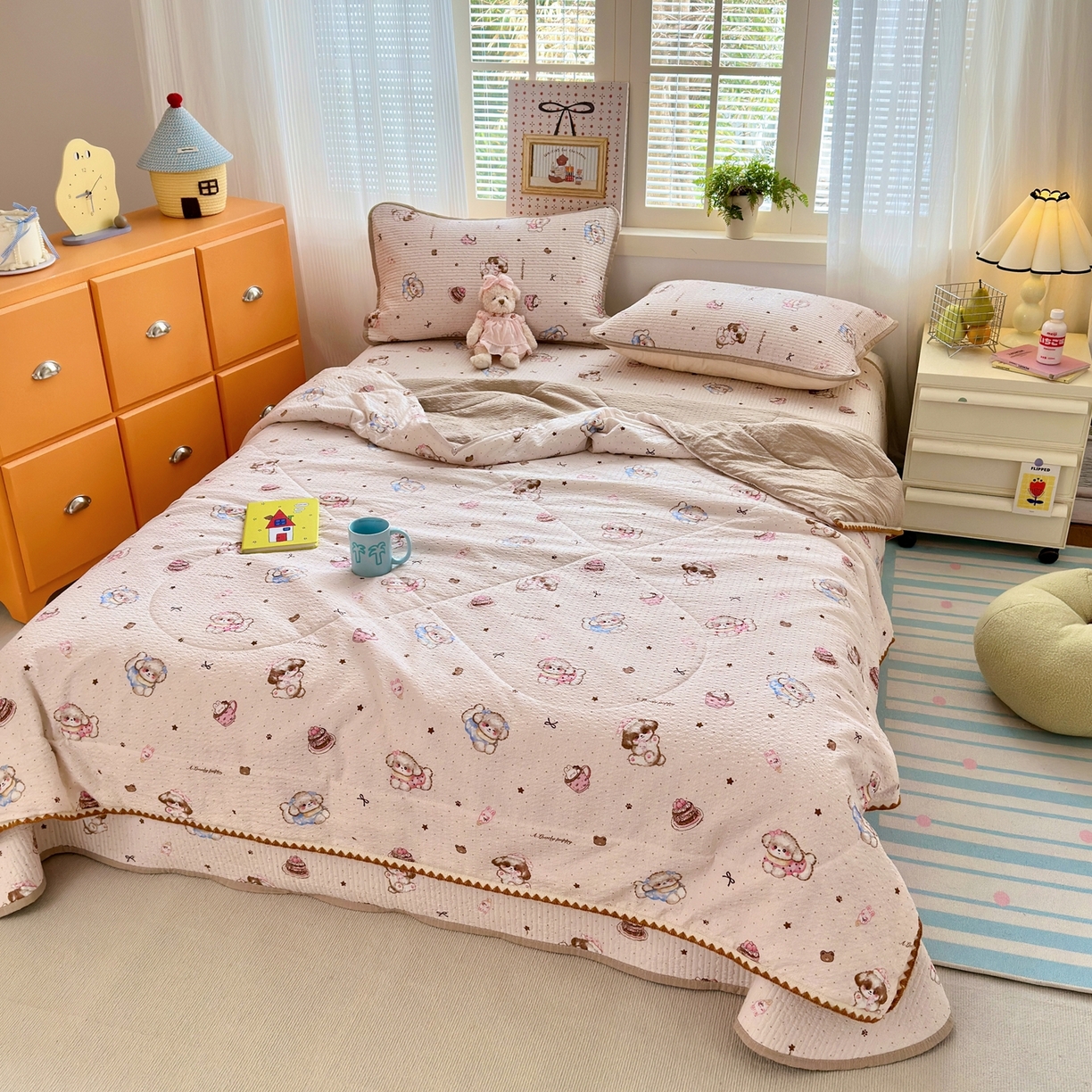 91家纺网 家纺一手货源 找家纺 老帅的工厂店 2026新款三角针泡芙夏被床盖四件套 奶糯狗