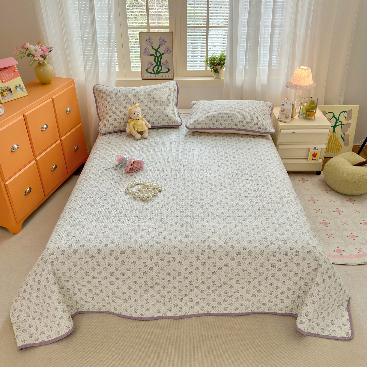 老帅的工厂店 2026新款三角针泡芙夏被床盖四件套 柔紫漫花