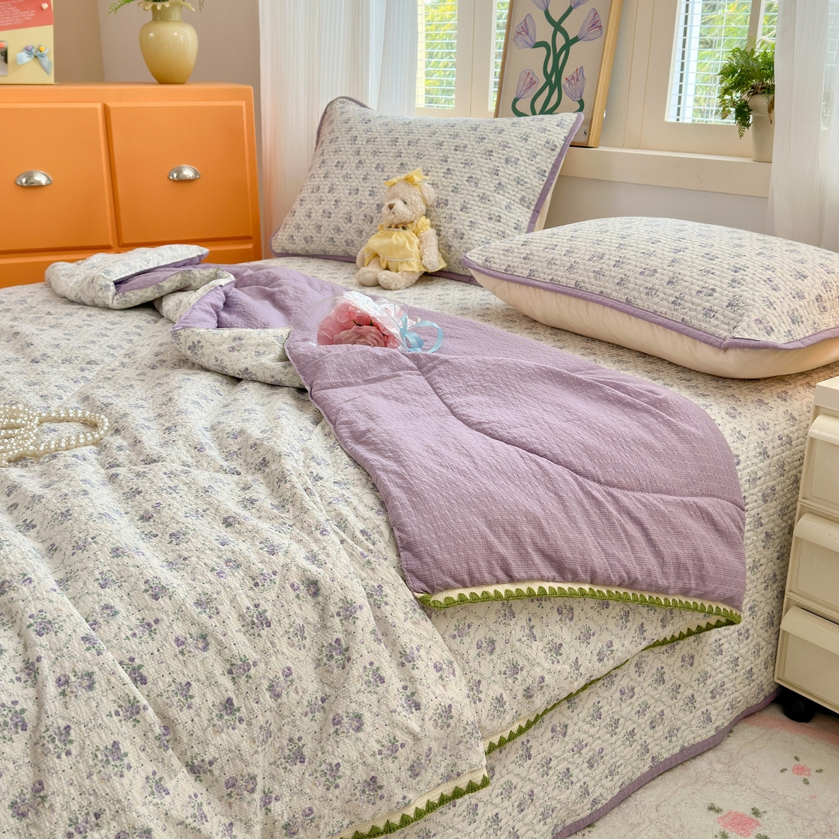 91家纺网 家纺一手货源 找家纺 老帅的工厂店 2026新款三角针泡芙夏被床盖四件套 柔紫漫花