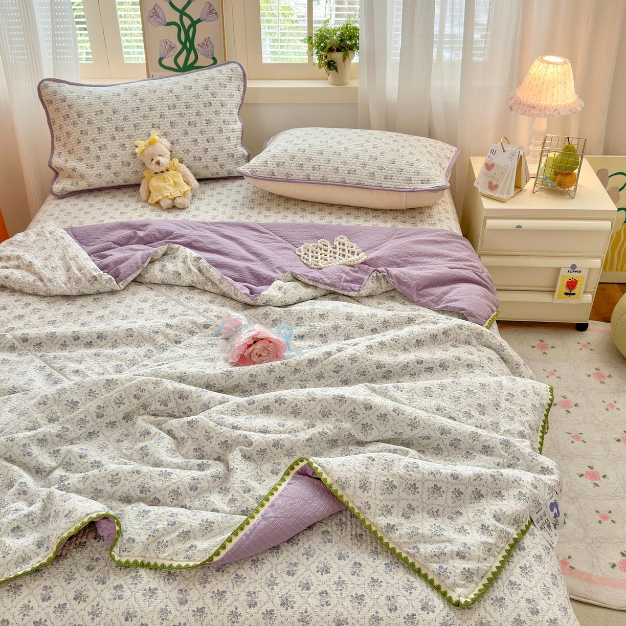 91家纺网 家纺一手货源 找家纺 老帅的工厂店 2026新款三角针泡芙夏被床盖四件套 柔紫漫花