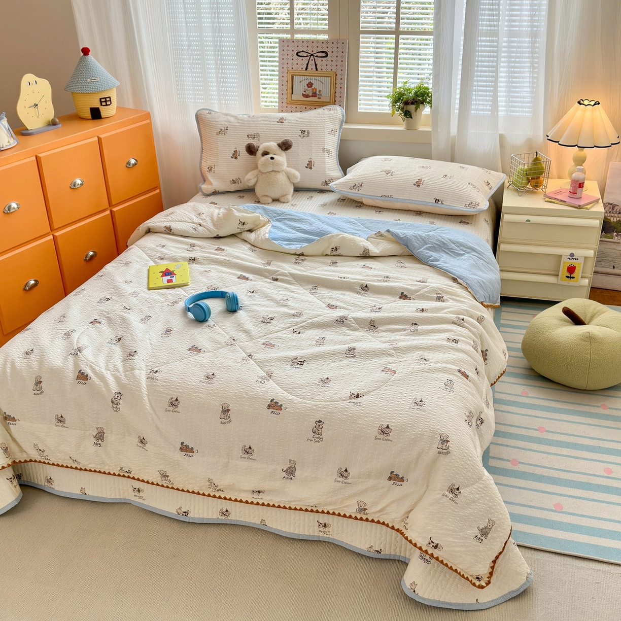 91家纺网 家纺一手货源 找家纺 老帅的工厂店 2026新款三角针泡芙夏被床盖四件套 小狗排队