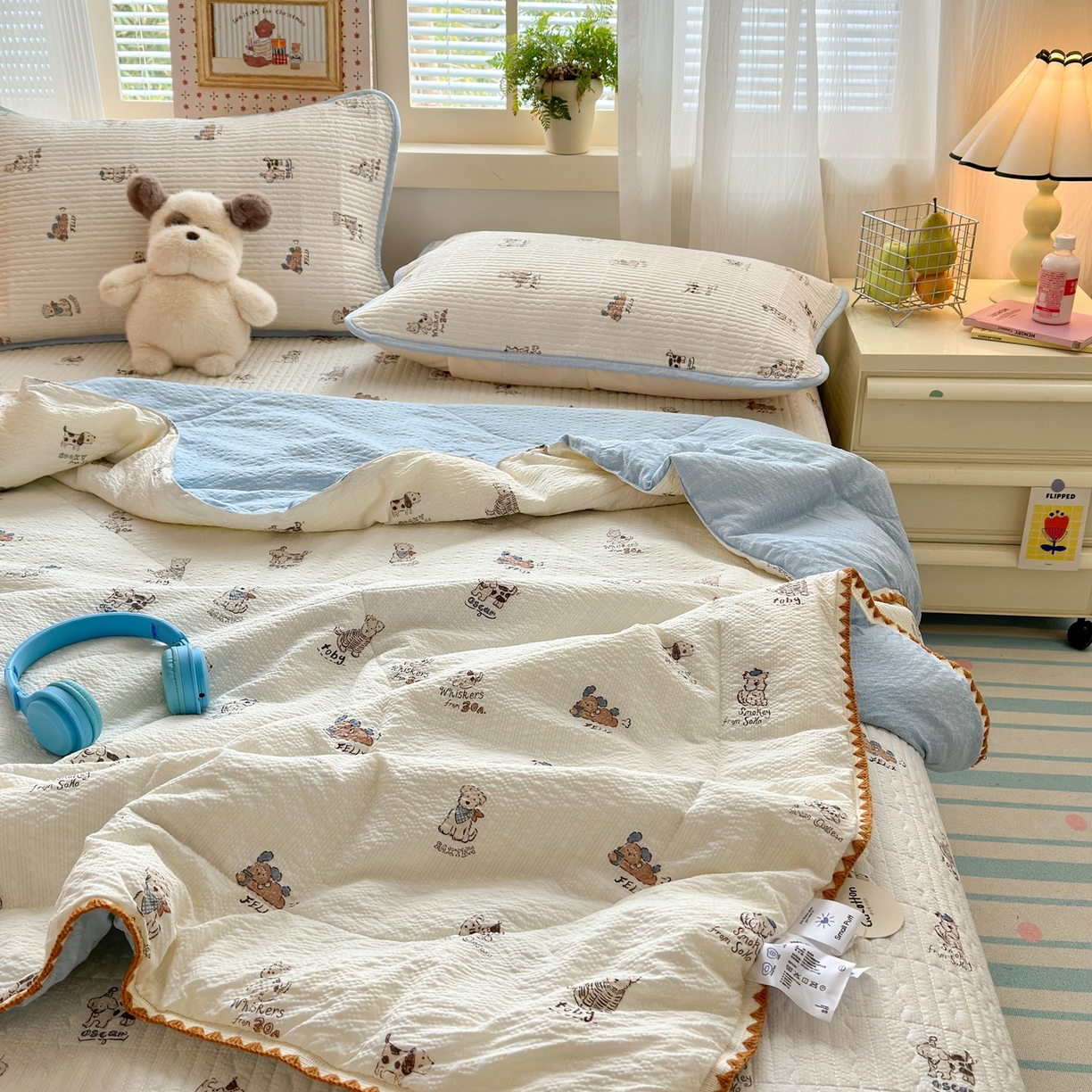 91家纺网 家纺一手货源 找家纺 老帅的工厂店 2026新款三角针泡芙夏被床盖四件套 小狗排队