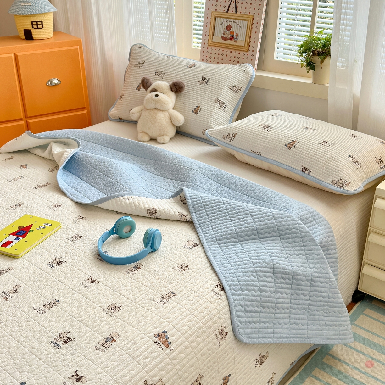 91家纺网 家纺一手货源 找家纺 老帅的工厂店 2026新款三角针泡芙夏被床盖四件套 小狗排队