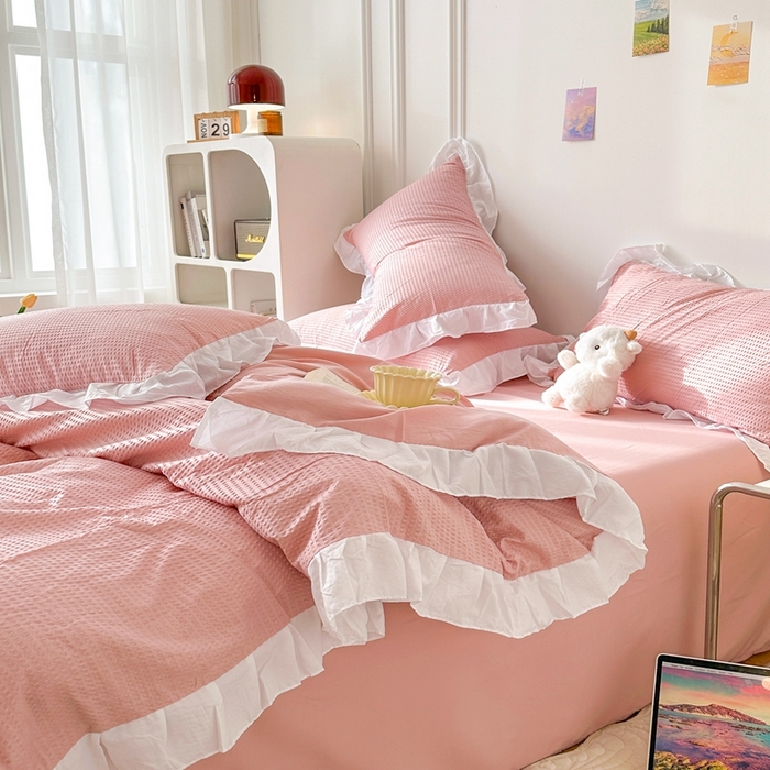 91家纺网 家纺一手货源 找家纺 （总）啊雅家居 2026新款轻奢韩式花边华夫格四件套-花边款