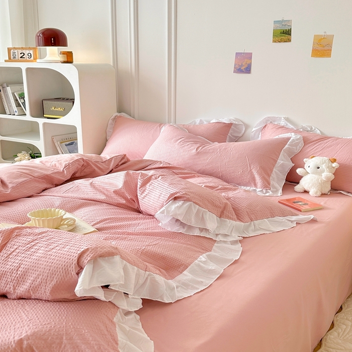 91家纺网 家纺一手货源 找家纺 （总）啊雅家居 2026新款轻奢韩式花边华夫格四件套-花边款