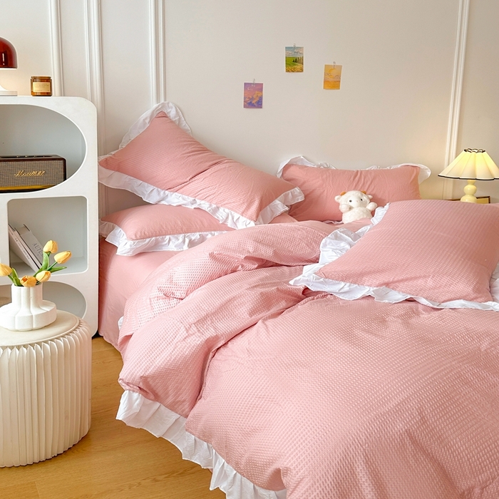 91家纺网 家纺一手货源 找家纺 （总）啊雅家居 2026新款轻奢韩式花边华夫格四件套-花边款