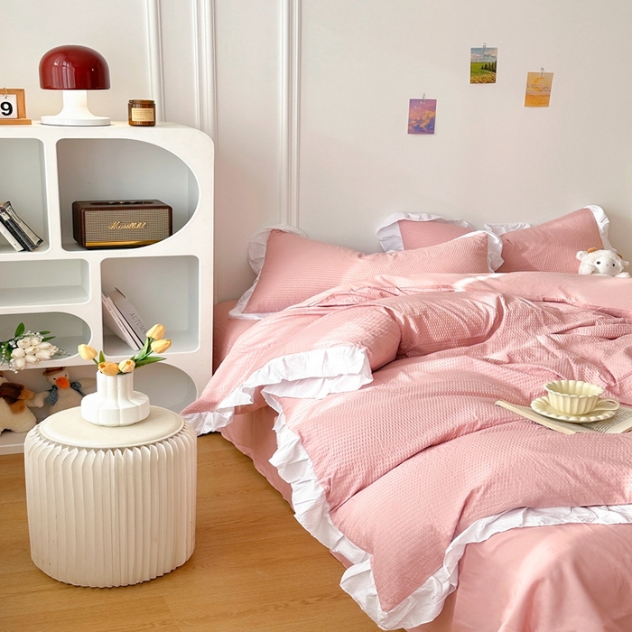 91家纺网 家纺一手货源 找家纺 啊雅家居 2026新款轻奢韩式花边华夫格四件套-花边款 花边款  梦幻粉