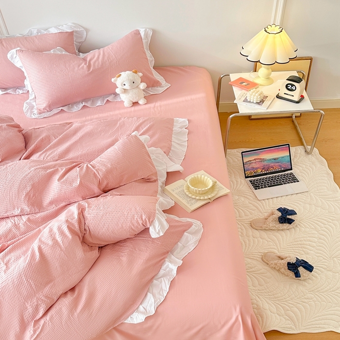 91家纺网 家纺一手货源 找家纺 啊雅家居 2026新款轻奢韩式花边华夫格四件套-花边款 花边款  梦幻粉