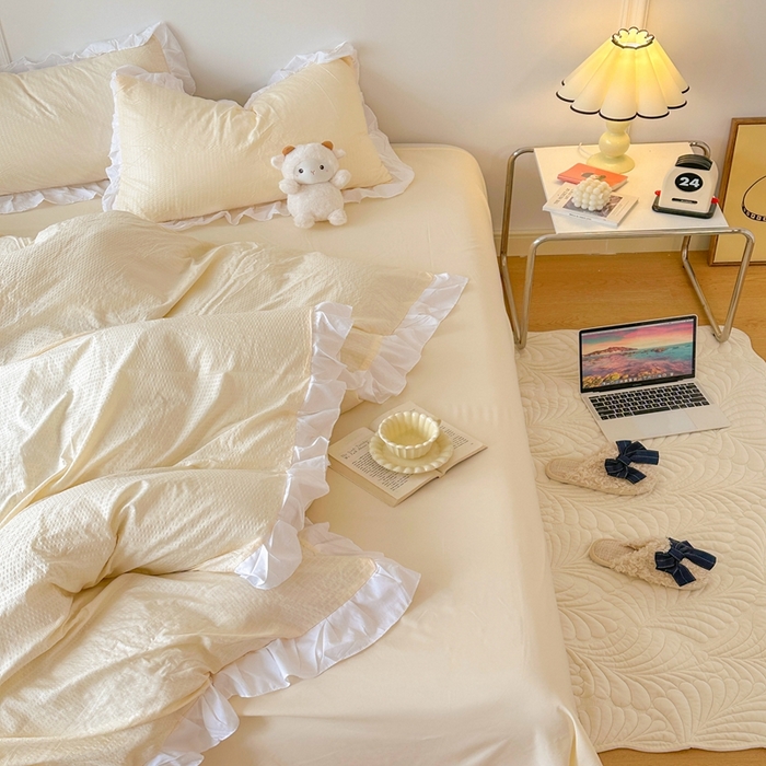 91家纺网 家纺一手货源 找家纺 啊雅家居 2026新款轻奢韩式花边华夫格四件套-花边款 花边款  梦幻黄