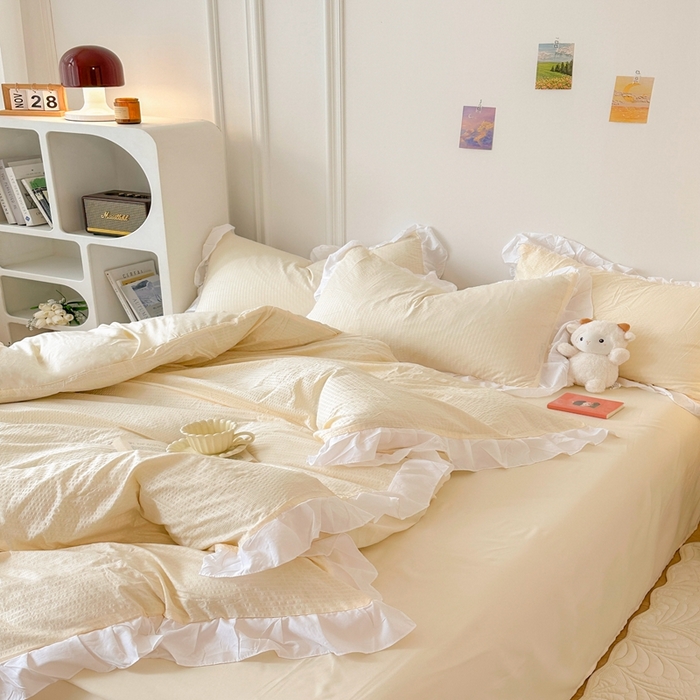 91家纺网 家纺一手货源 找家纺 啊雅家居 2026新款轻奢韩式花边华夫格四件套-花边款 花边款  梦幻黄