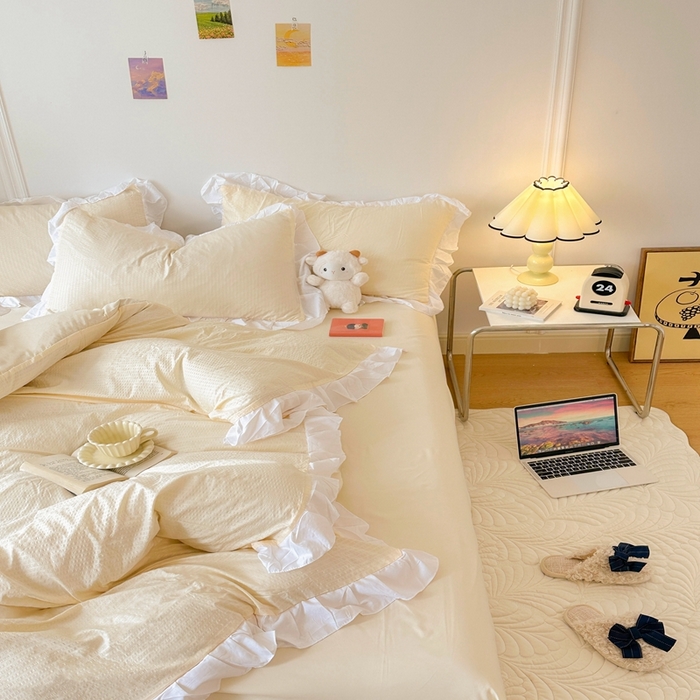 91家纺网 家纺一手货源 找家纺 啊雅家居 2026新款轻奢韩式花边华夫格四件套-花边款 花边款  梦幻黄