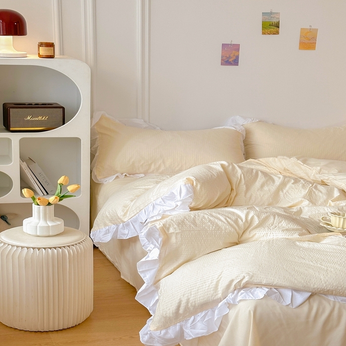 91家纺网 家纺一手货源 找家纺 啊雅家居 2026新款轻奢韩式花边华夫格四件套-花边款 花边款  梦幻黄