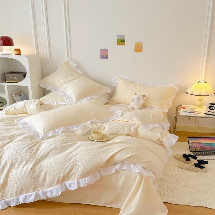 91家纺网 家纺一手货源 找家纺 啊雅家居 2026新款轻奢韩式花边华夫格四件套-花边款 花边款  梦幻黄