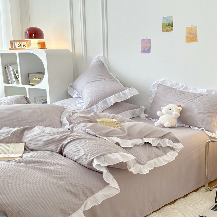 91家纺网 家纺一手货源 找家纺 啊雅家居 2026新款轻奢韩式花边华夫格四件套-花边款 花边款  梦幻灰