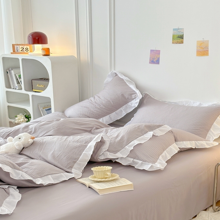 91家纺网 家纺一手货源 找家纺 啊雅家居 2026新款轻奢韩式花边华夫格四件套-花边款 花边款  梦幻灰