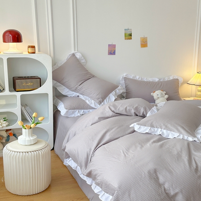 91家纺网 家纺一手货源 找家纺 啊雅家居 2026新款轻奢韩式花边华夫格四件套-花边款 花边款  梦幻灰