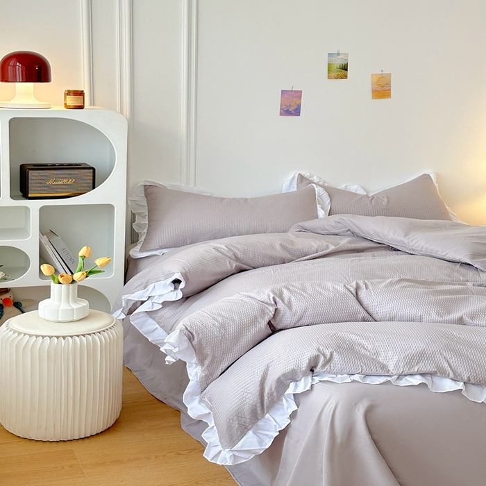 91家纺网 家纺一手货源 找家纺 啊雅家居 2026新款轻奢韩式花边华夫格四件套-花边款 花边款  梦幻灰