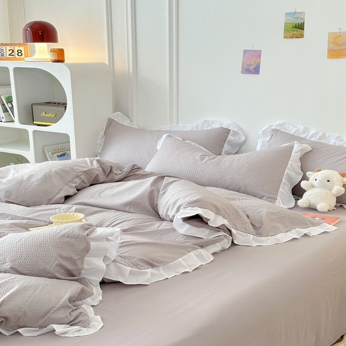 91家纺网 家纺一手货源 找家纺 啊雅家居 2026新款轻奢韩式花边华夫格四件套-花边款 花边款  梦幻灰