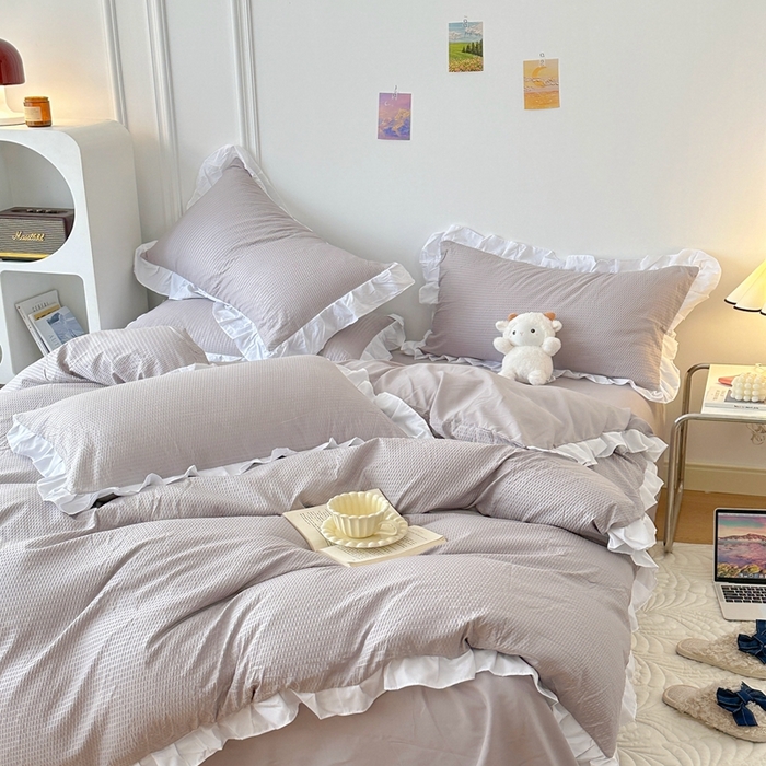 91家纺网 家纺一手货源 找家纺 啊雅家居 2026新款轻奢韩式花边华夫格四件套-花边款 花边款  梦幻灰