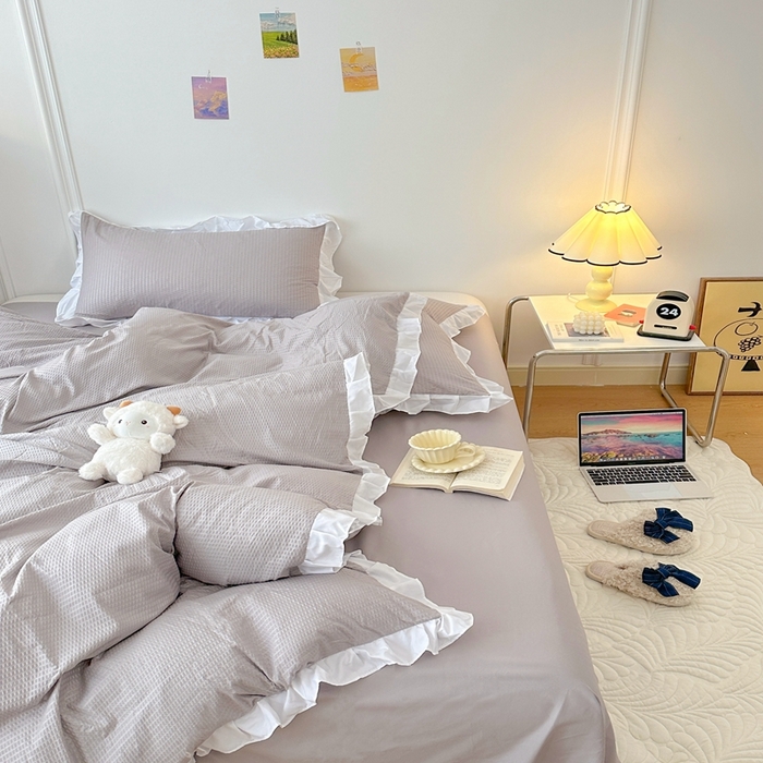 91家纺网 家纺一手货源 找家纺 啊雅家居 2026新款轻奢韩式花边华夫格四件套-花边款 花边款  梦幻灰