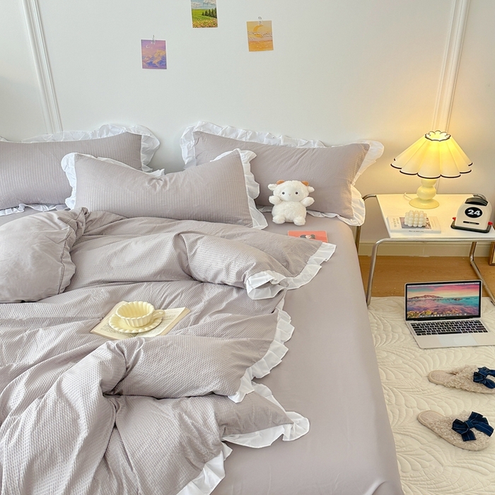 91家纺网 家纺一手货源 找家纺 啊雅家居 2026新款轻奢韩式花边华夫格四件套-花边款 花边款  梦幻灰