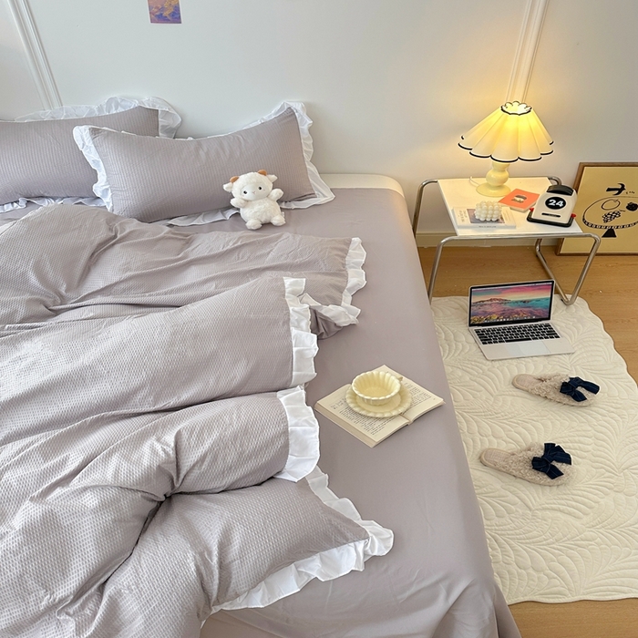 91家纺网 家纺一手货源 找家纺 啊雅家居 2026新款轻奢韩式花边华夫格四件套-花边款 花边款  梦幻灰