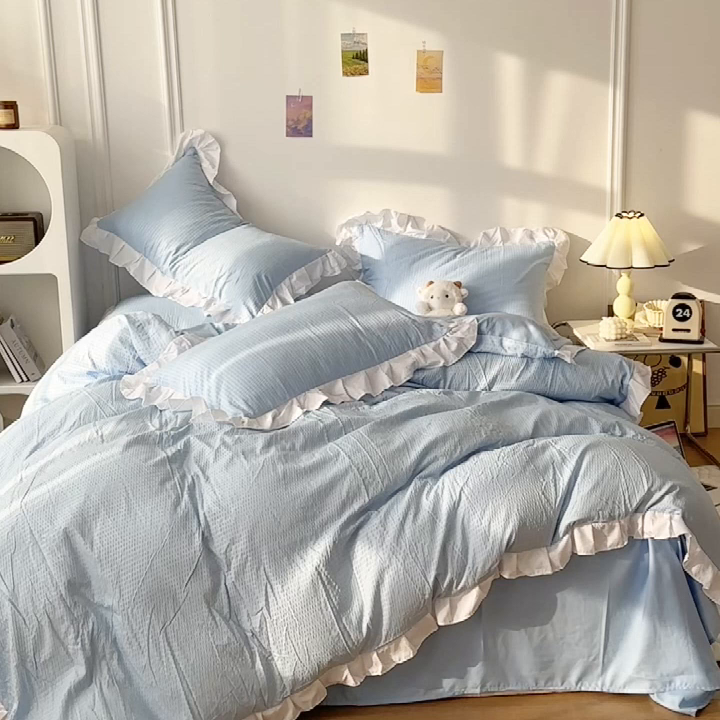 91家纺网 家纺一手货源 找家纺 啊雅家居 2026新款轻奢韩式花边华夫格四件套-花边款 花边款  梦幻灰