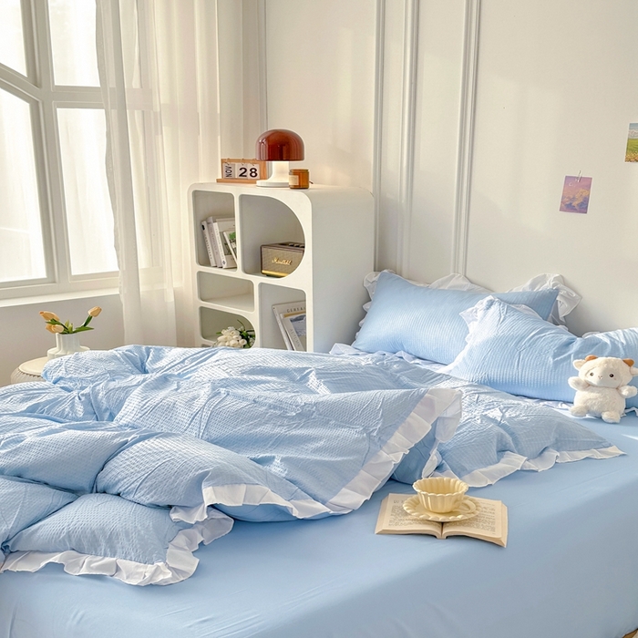 91家纺网 家纺一手货源 找家纺 啊雅家居 2026新款轻奢韩式花边华夫格四件套-花边款 花边款  梦幻兰