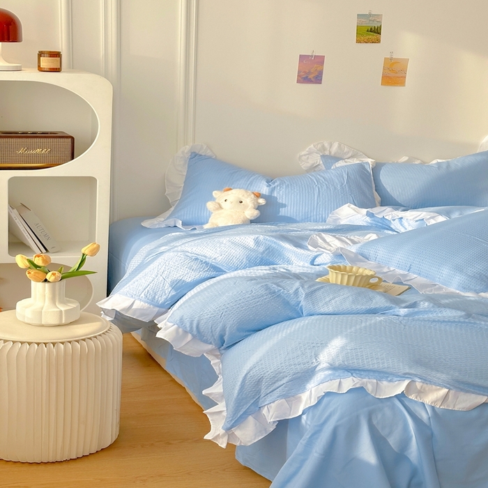 91家纺网 家纺一手货源 找家纺 啊雅家居 2026新款轻奢韩式花边华夫格四件套-花边款 花边款  梦幻兰