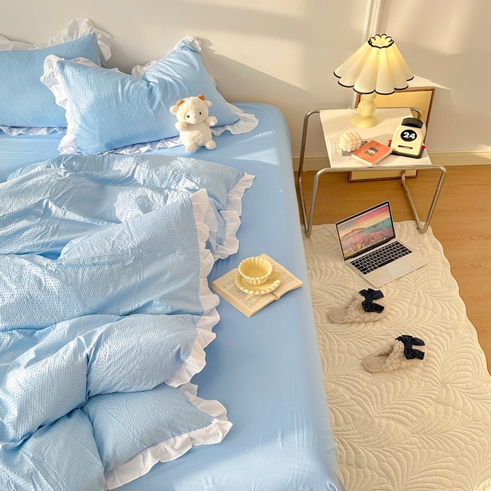 91家纺网 家纺一手货源 找家纺 啊雅家居 2026新款轻奢韩式花边华夫格四件套-花边款 花边款  梦幻兰