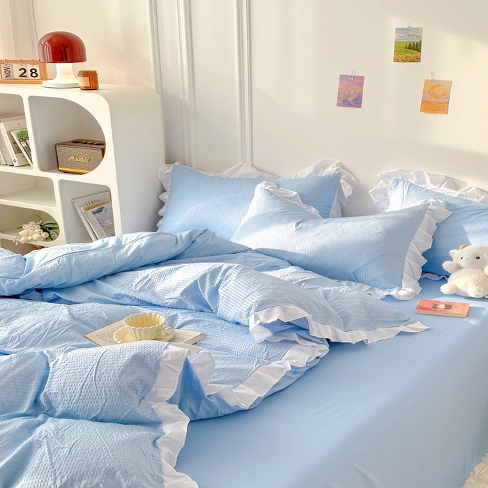 91家纺网 家纺一手货源 找家纺 啊雅家居 2026新款轻奢韩式花边华夫格四件套-花边款 花边款  梦幻兰