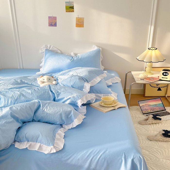 91家纺网 家纺一手货源 找家纺 啊雅家居 2026新款轻奢韩式花边华夫格四件套-花边款 花边款  梦幻兰