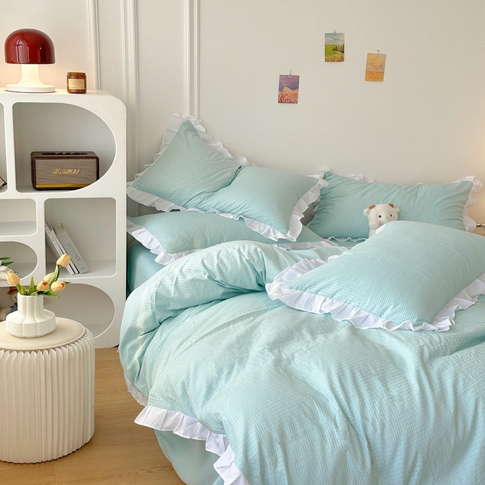 91家纺网 家纺一手货源 找家纺 啊雅家居 2026新款轻奢韩式花边华夫格四件套-花边款 花边款  梦幻绿