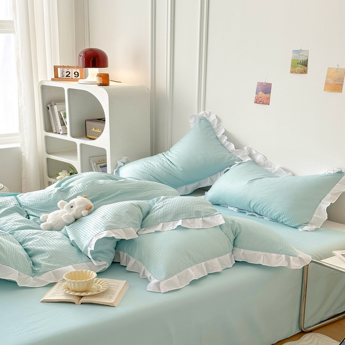 91家纺网 家纺一手货源 找家纺 啊雅家居 2026新款轻奢韩式花边华夫格四件套-花边款 花边款  梦幻绿