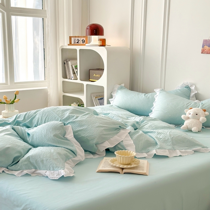 91家纺网 家纺一手货源 找家纺 啊雅家居 2026新款轻奢韩式花边华夫格四件套-花边款 花边款  梦幻绿