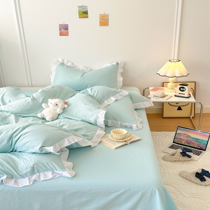 91家纺网 家纺一手货源 找家纺 啊雅家居 2026新款轻奢韩式花边华夫格四件套-花边款 花边款  梦幻绿