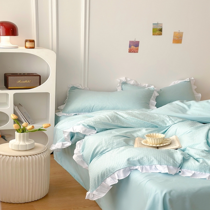 91家纺网 家纺一手货源 找家纺 啊雅家居 2026新款轻奢韩式花边华夫格四件套-花边款 花边款  梦幻绿