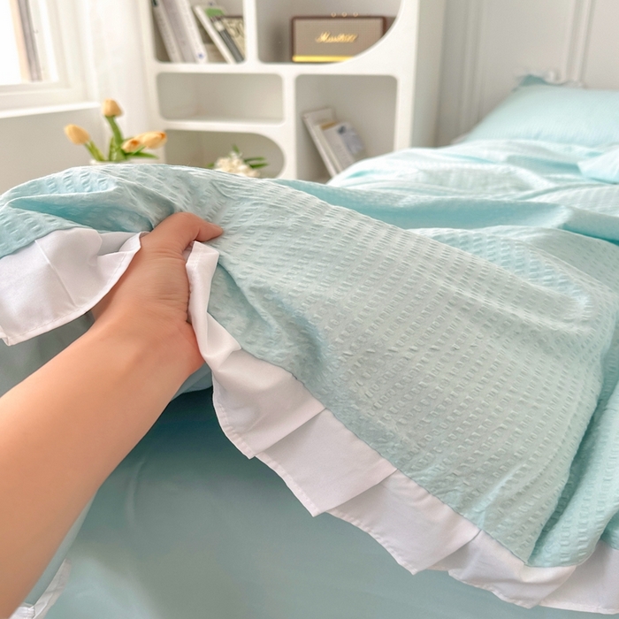 91家纺网 家纺一手货源 找家纺 啊雅家居 2026新款轻奢韩式花边华夫格四件套-花边款 花边款  梦幻绿