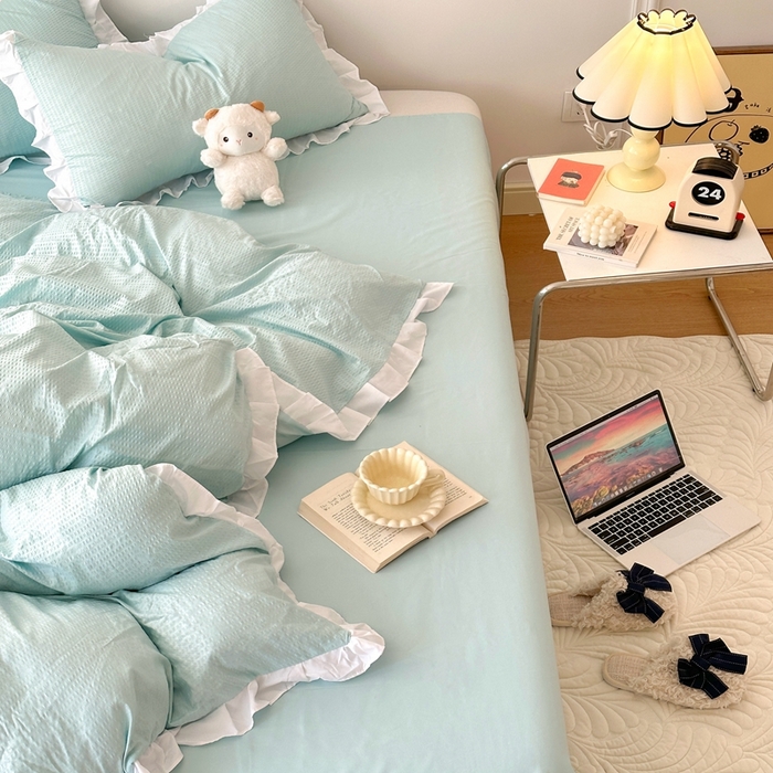 91家纺网 家纺一手货源 找家纺 啊雅家居 2026新款轻奢韩式花边华夫格四件套-花边款 花边款  梦幻绿