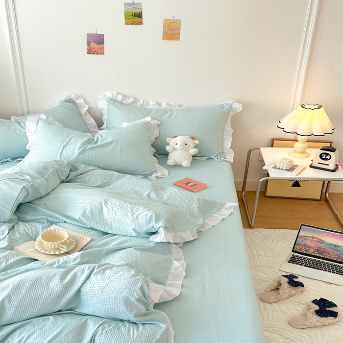 91家纺网 家纺一手货源 找家纺 啊雅家居 2026新款轻奢韩式花边华夫格四件套-花边款 花边款  梦幻绿