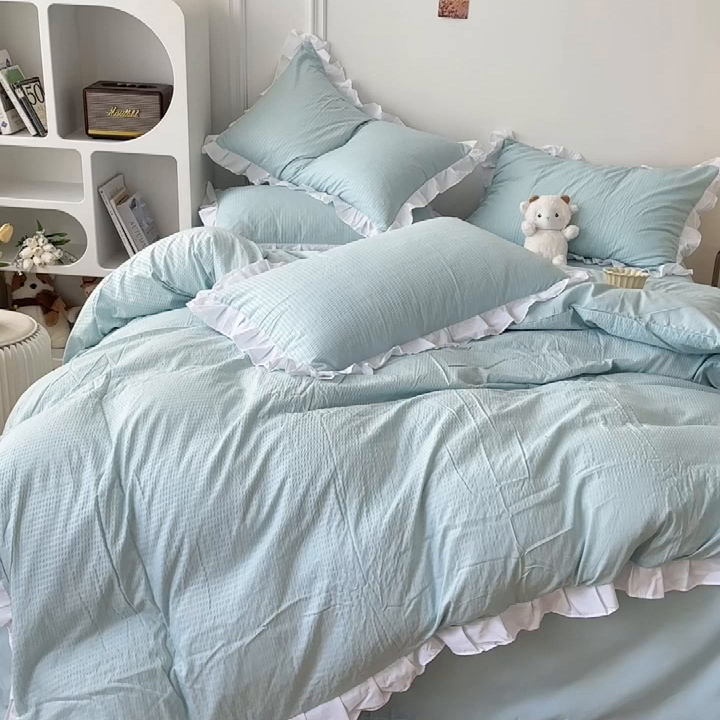 91家纺网 家纺一手货源 找家纺 啊雅家居 2026新款轻奢韩式花边华夫格四件套-花边款 花边款  梦幻绿