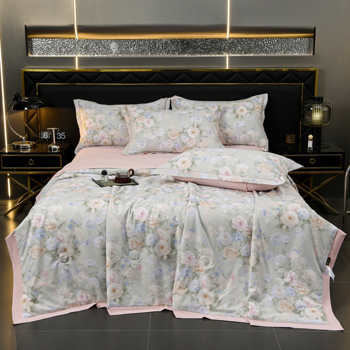 91家纺网 家纺一手货源 找家纺 千嘻汇 2026新款水洗天丝真丝夏被四件套夏凉被空调被 莫奈花园绿